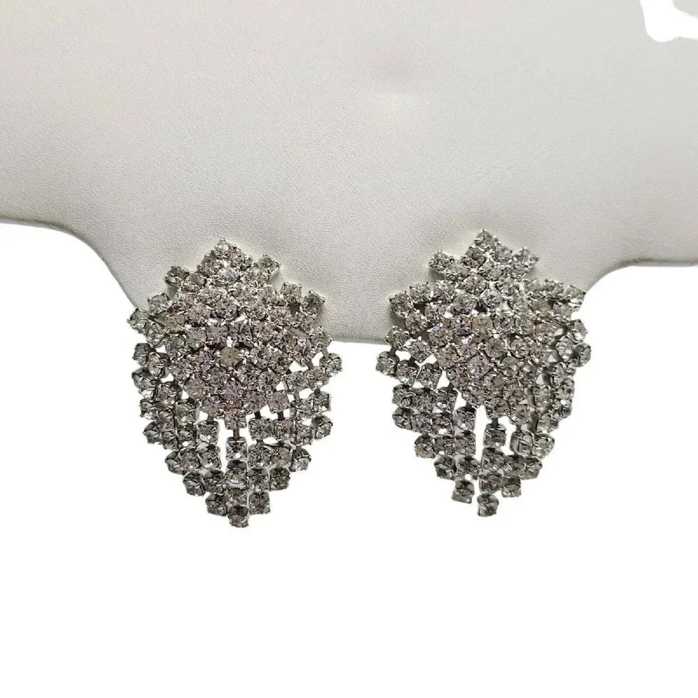 Clear Rhinestone Art Deco Style Large Clip On Silver Tone Firework Earrings B